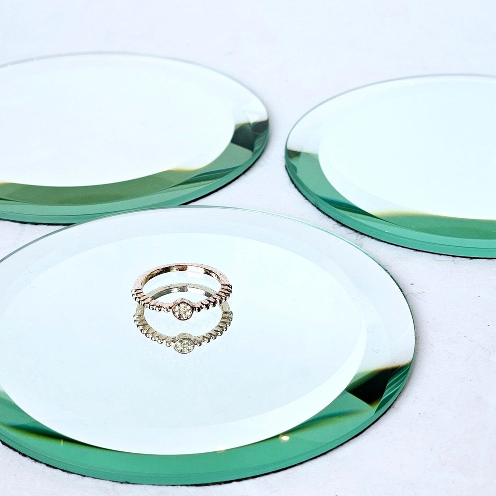 Vintage Round Beveled Mirror Glass Display Coasters Set of 3 Vanity Decor 4 Inch